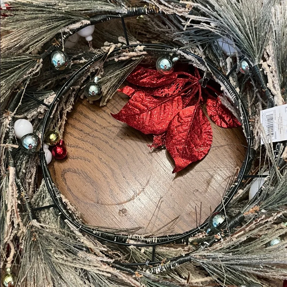 Festive Holiday Wreath with Red Poinsettia‎